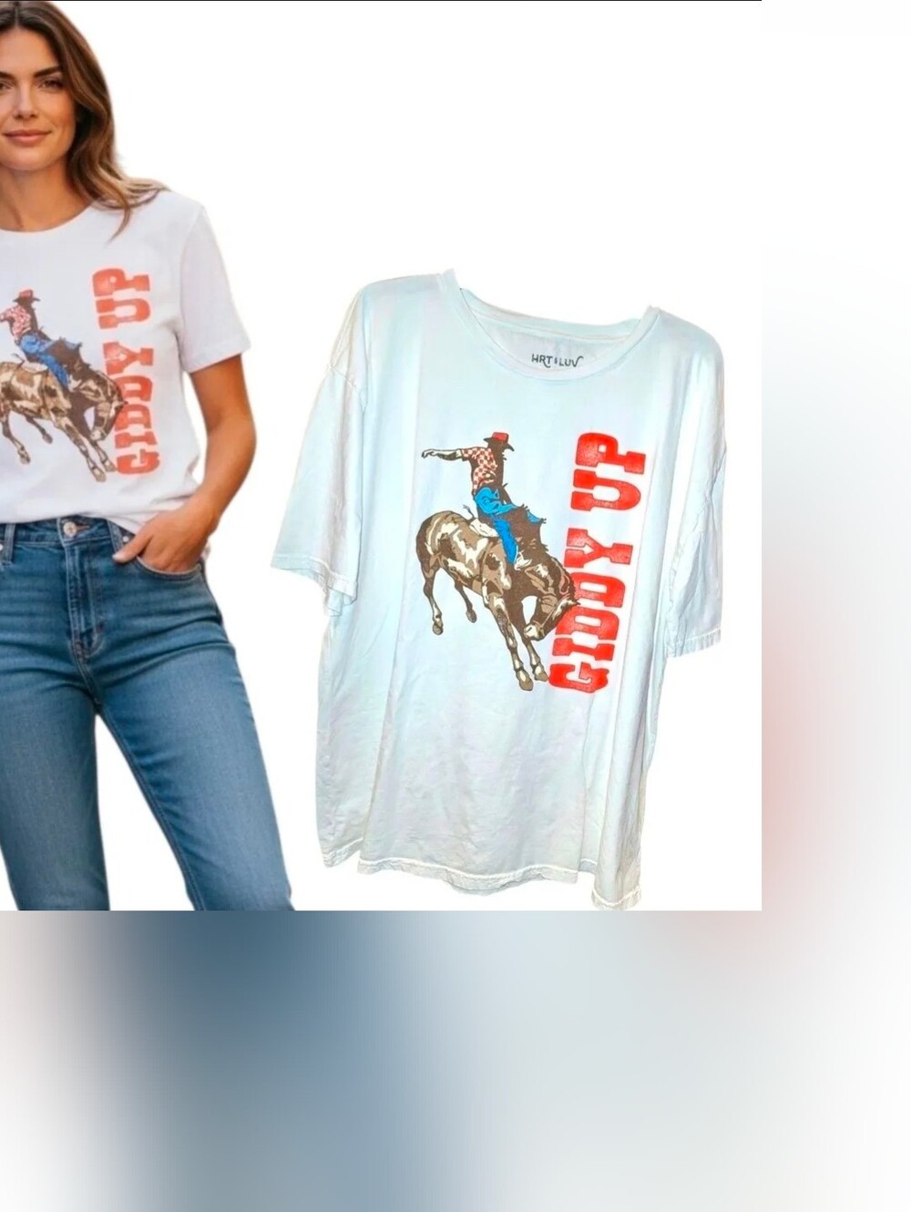 HRT & LUV "Giddy Up" Sz L Oversized Western Boho White Graphic Front Shirt